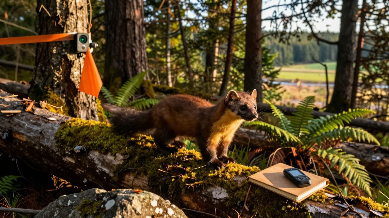 Fura-cabras sobre tronco coberto de musgo próximo a caderno e aparelho eletrônico em floresta iluminada pelo sol.