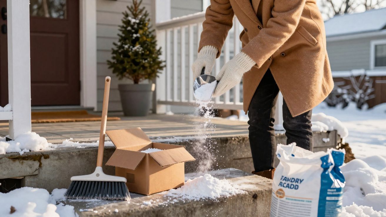 Pessoa usando luvas espalha sal para derreter a neve em degraus externos de casa com vassoura ao lado.