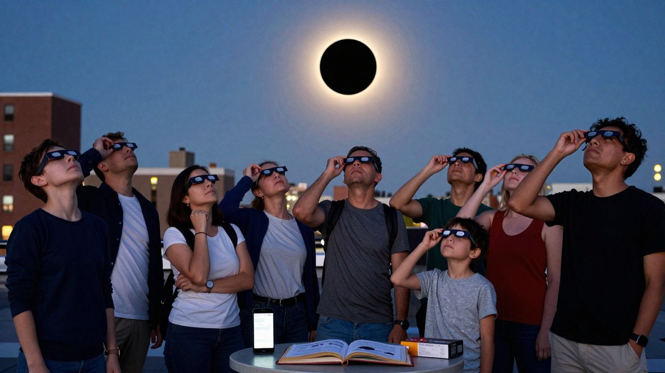 Grupo de pessoas usando óculos especiais observando eclipse solar total ao entardecer na cidade.