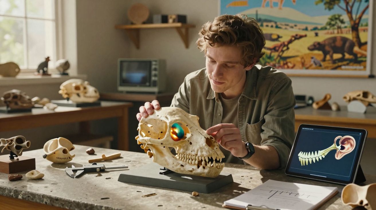 Jovem estudando crânio animal grande em laboratório com tablet mostrando anatomia do ouvido.