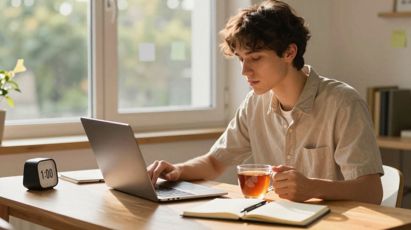 Jovem sentado à mesa usando notebook, segurando xícara de chá, com caderno aberto e relógio digital ao lado.