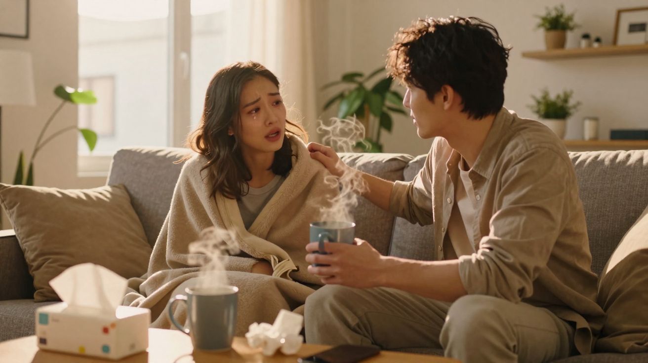 Casal sentado no sofá, homem confortando mulher emocionada com bebidas quentes na mesa.