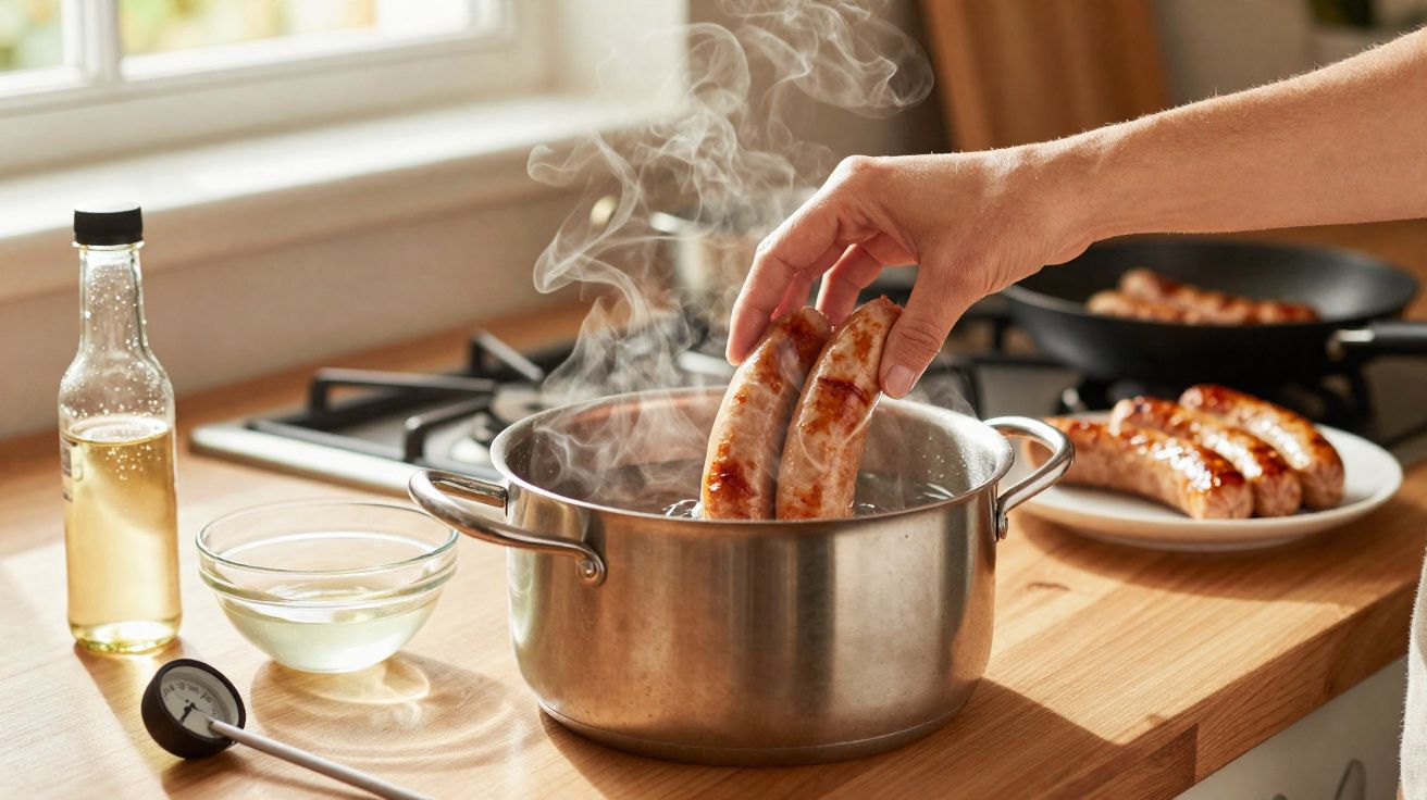 Mão colocando salsichas em panela com vapor em cozinha próxima a garrafa, tigela e termômetro.