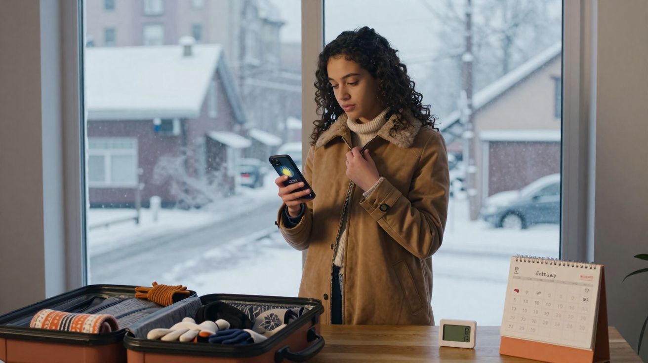 Mulher em casaco bege olhando no celular ao lado de mala aberta em mesa com vista para rua nevada.