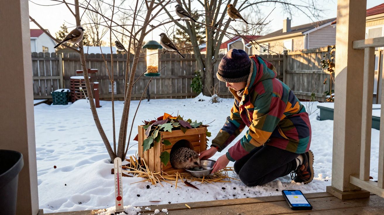 Pessoa alimentando um ouriço em jardim com neve, passarinhos nas árvores e termômetro marcando frio.