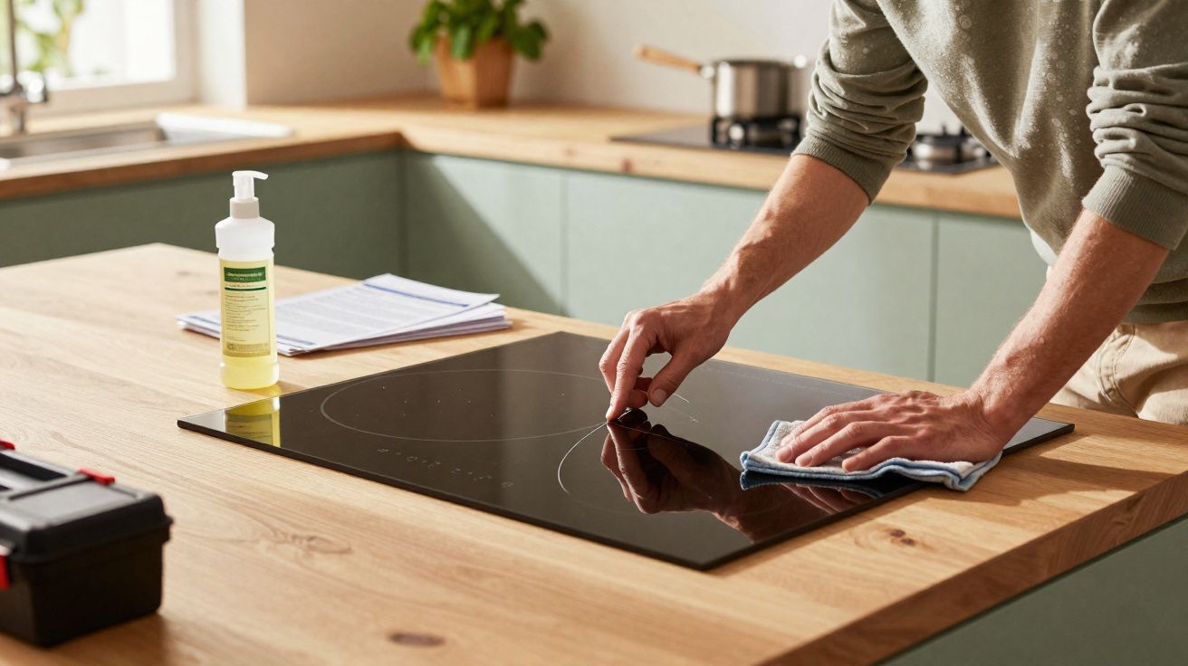 Pessoa limpando fogão de indução preto sobre bancada de madeira clara em cozinha moderna.