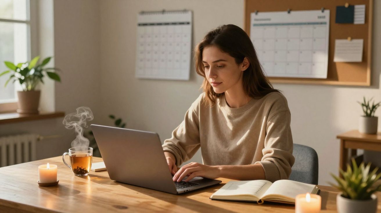 Mulher jovem trabalhando em laptop à mesa com chá quente, velas acesas e caderno aberto em ambiente aconchegante.