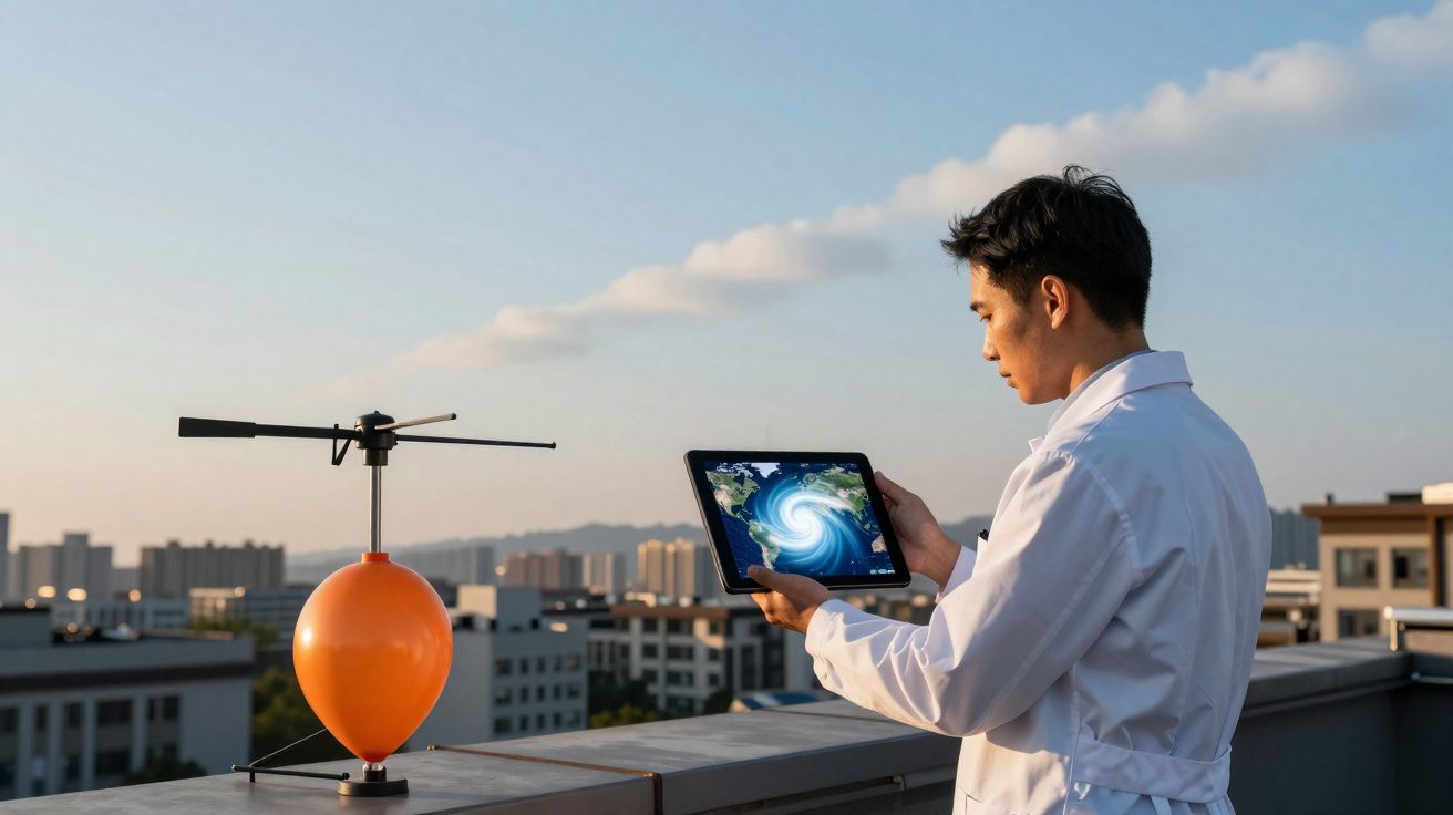 Homem de jaleco branco usando tablet para analisar dados meteorológicos ao ar livre em topo de prédio.