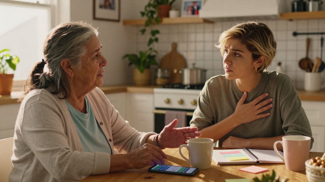Mulher idosa conversa seriamente com jovem em cozinha, ambas sentadas à mesa com canecas e caderno.