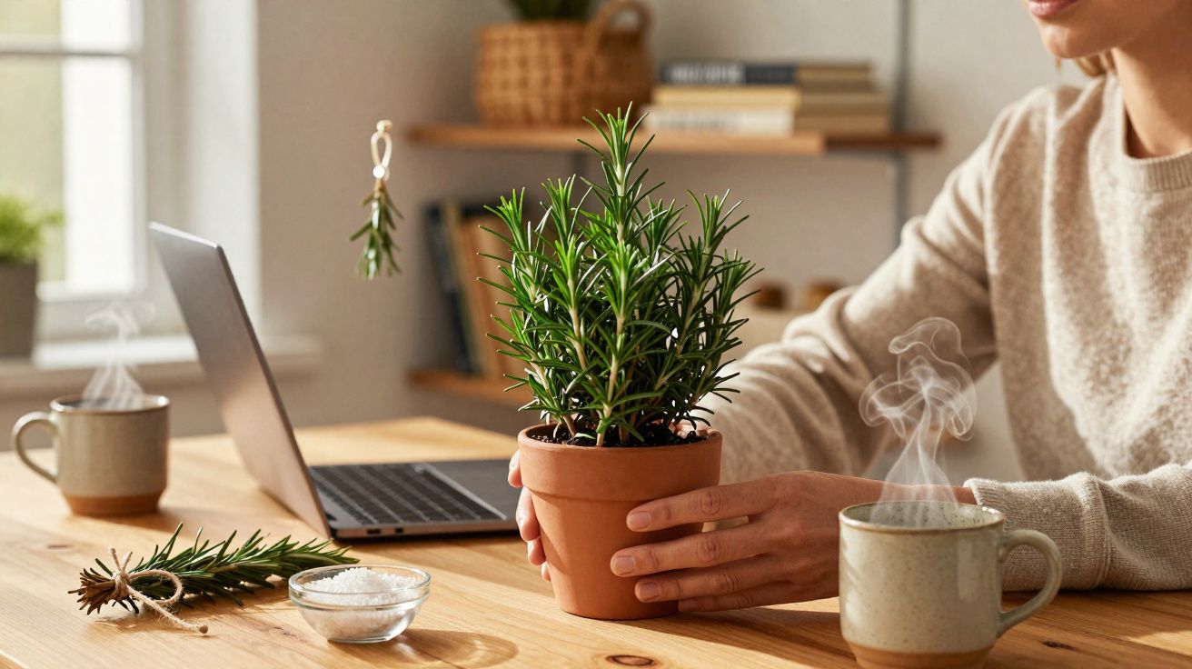 Pessoa segurando vaso com erva fresca em mesa com laptop, xícara de chá e pote de sal.