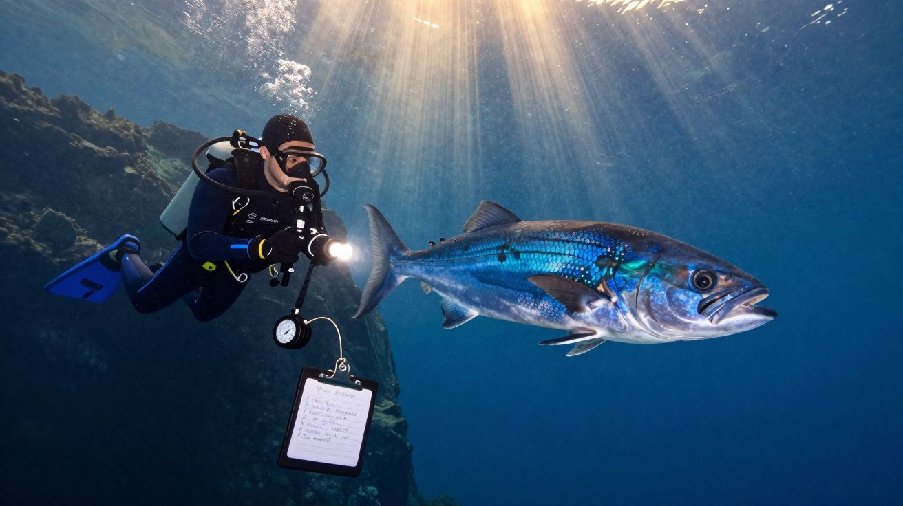 Mergulhador com equipamento e lanterna observa um grande peixe azul nas águas claras do oceano.