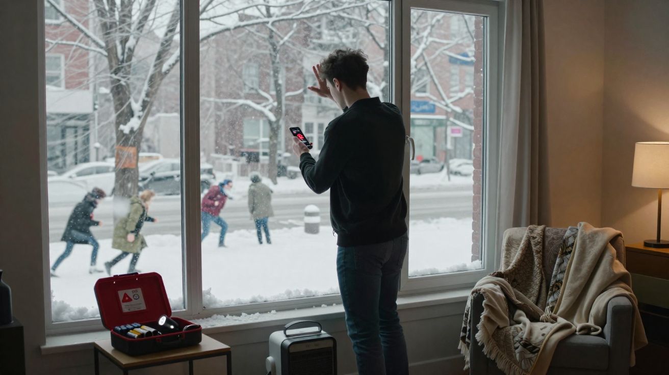 Homem dentro de casa na frente de janela grande observa pessoas correndo na neve do lado de fora.