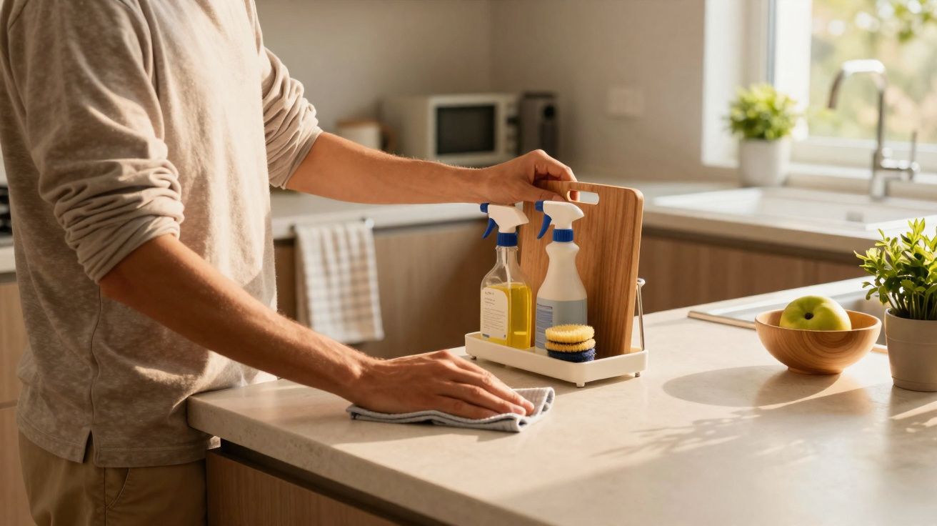Pessoa limpando a bancada da cozinha com pano, próximos estão spray de limpeza e utensílios organizados.