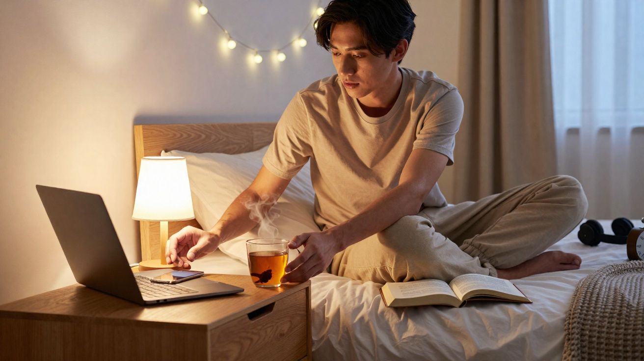 Homem sentado na cama à noite com laptop, livro aberto e segurando uma xícara de chá quente.