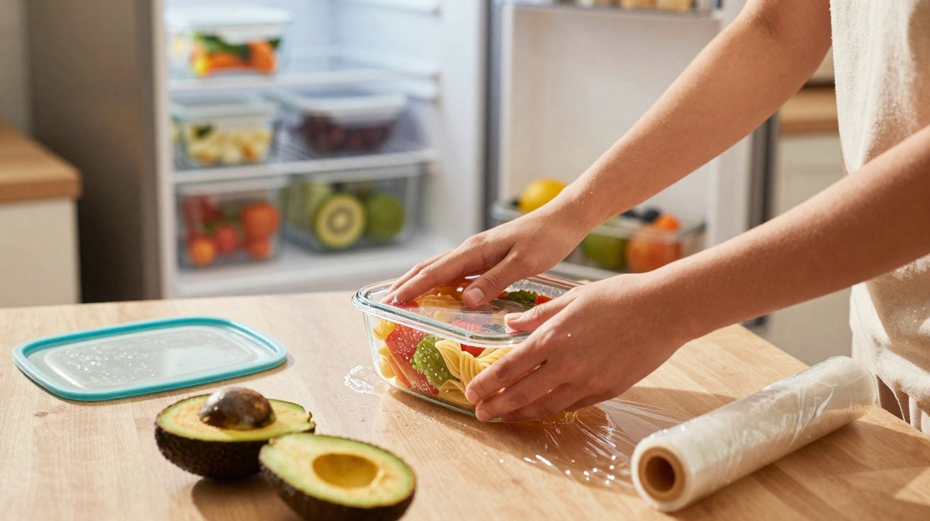 Pessoa guardando frutas coloridas em pote de vidro transparente na cozinha, com abacate cortado na bancada.