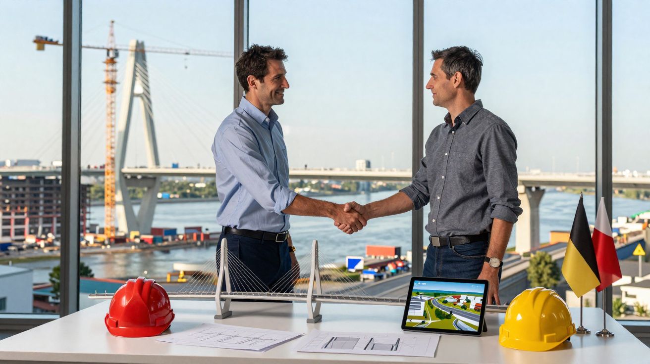 Dois homens apertam as mãos em escritório com maquete de ponte, capacetes e pranchetas, vista para o rio ao fundo.
