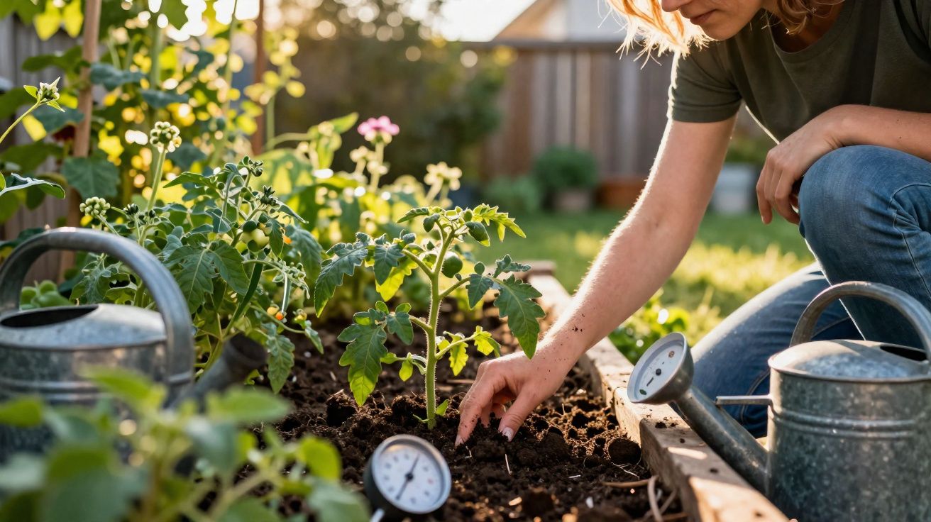 Pessoa cuidando de plantas em canteiro de jardim com regadores e medidor de umidade no solo.