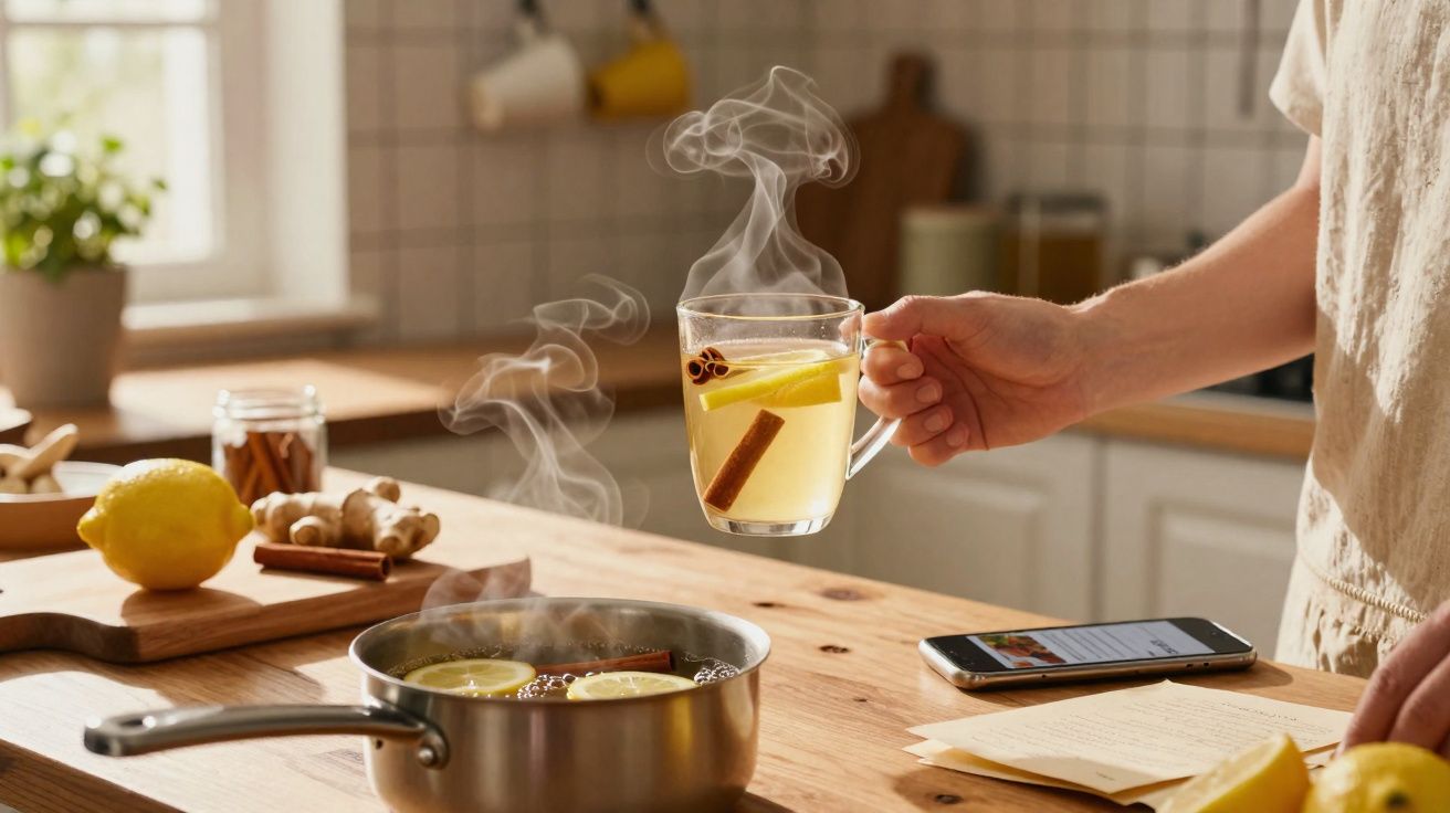 Pessoa segurando xícara com chá quente de limão e canela na cozinha, panela no fogão e smartphone na bancada.