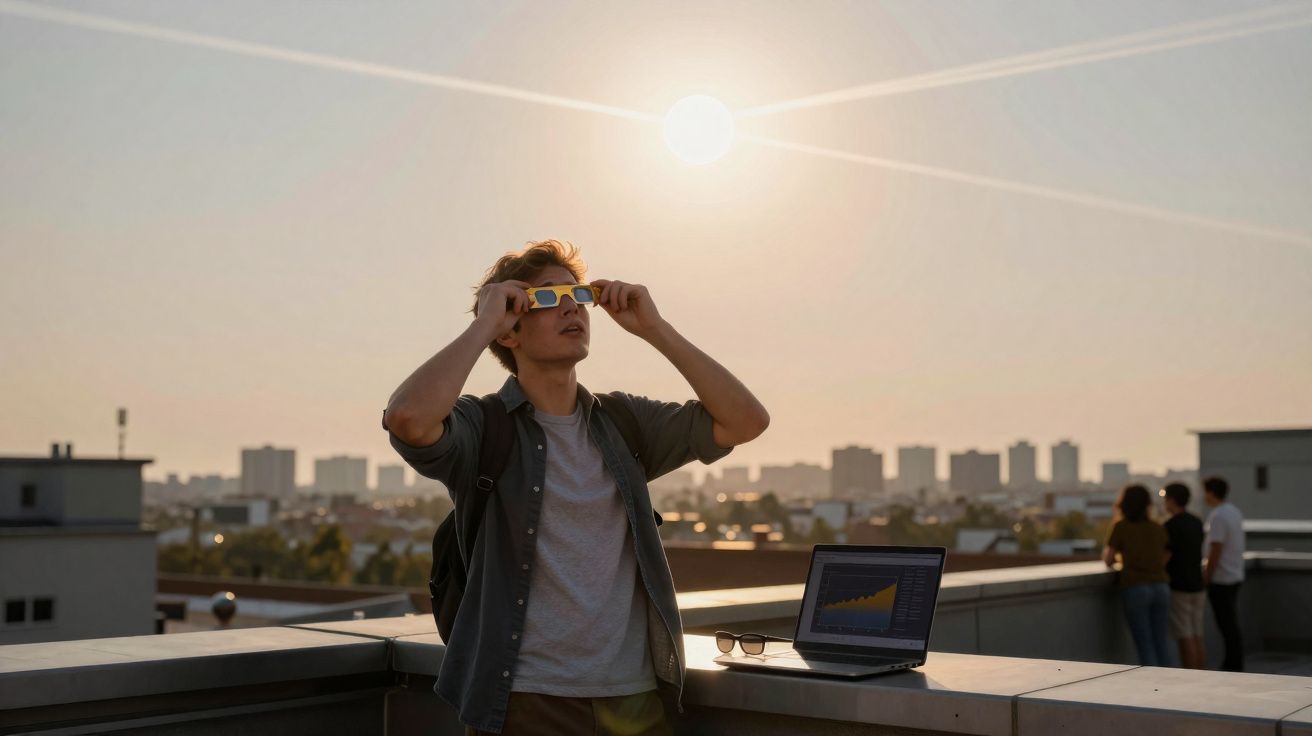 Jovem com óculos escuros observa o sol em um terraço ao entardecer com laptop aberto ao lado.