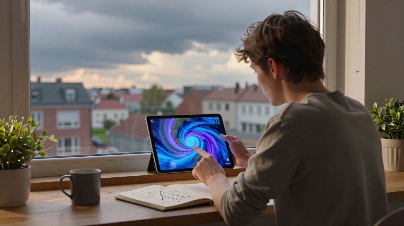 Pessoa usando tablet com imagem de redemoinho azul sentado em uma mesa próxima à janela com plantas e caderno.