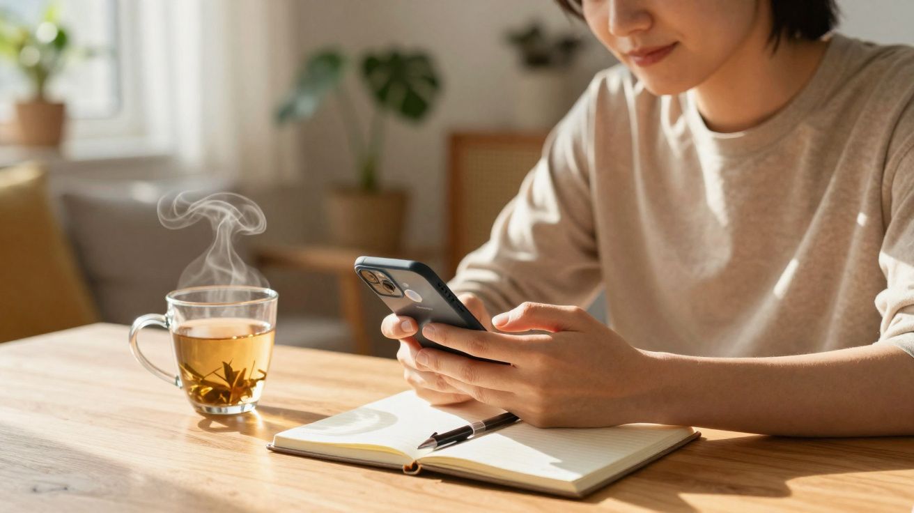 Pessoa usando smartphone apoiada em mesa com caderno, caneta e xícara de chá quente em ambiente iluminado.