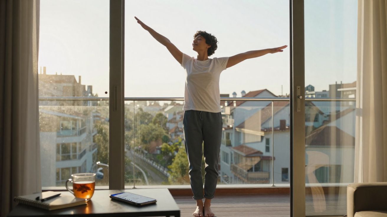 Pessoa esticando os braços em varanda com vista para prédios em um dia ensolarado.