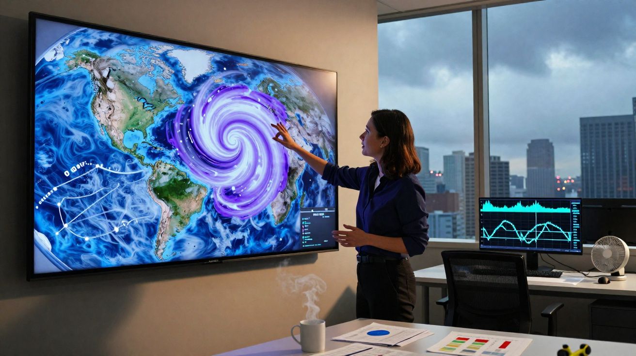 Mulher analisa tela com mapa de furacão enquanto está em escritório moderno com vista para cidade.