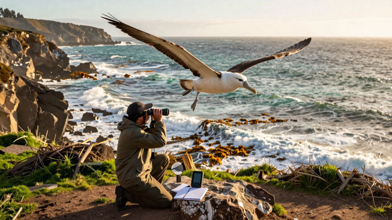 Pesquisador observa ave branca voando sobre costa rochosa com mar agitado ao fundo.