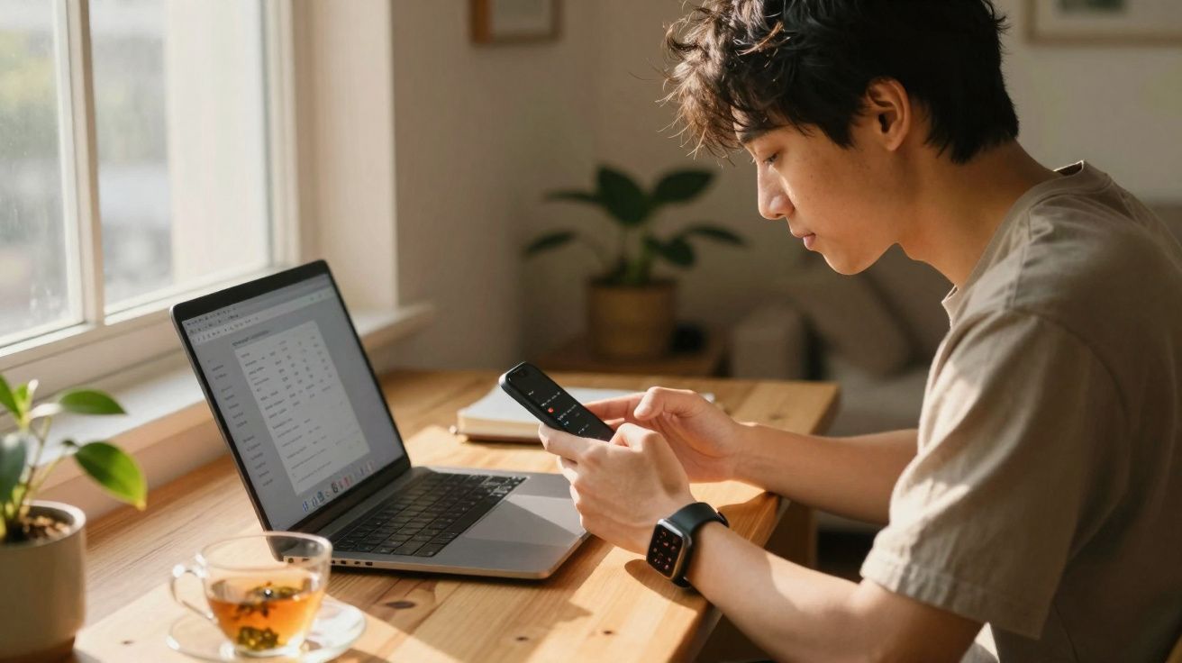 Jovem usando smartphone e laptop em mesa de madeira perto de janela com xícara de chá e plantas.