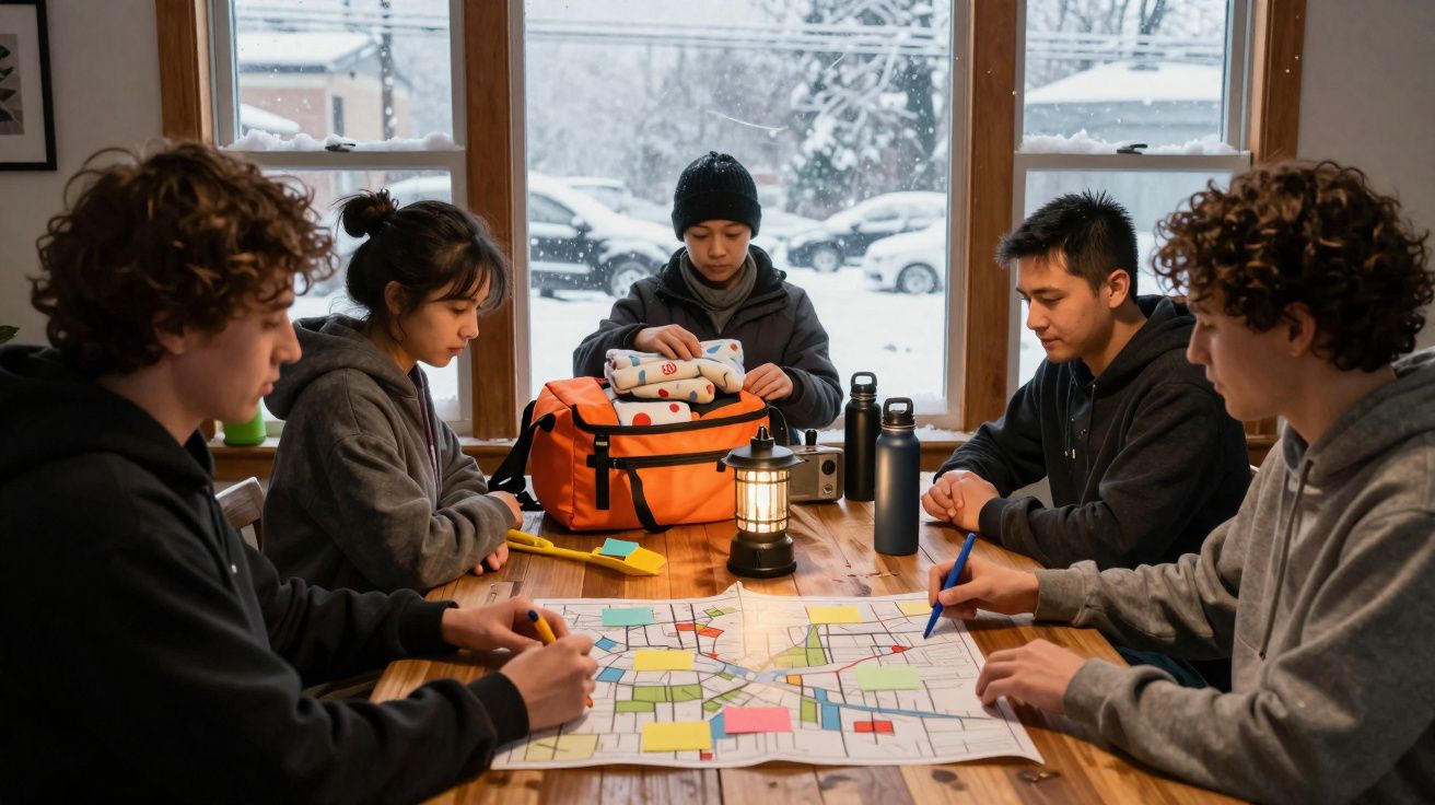 Cinco jovens sentados à mesa com mapa e post-its, ao fundo janela com paisagem nevada.