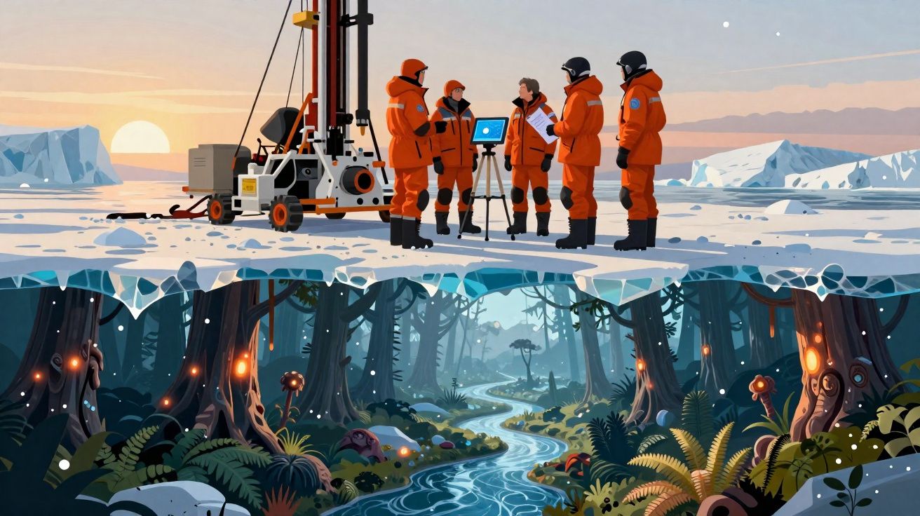 Cientistas em trajes laranja estudando gelo no Ártico com floresta e rio subterrâneos coloridos abaixo.