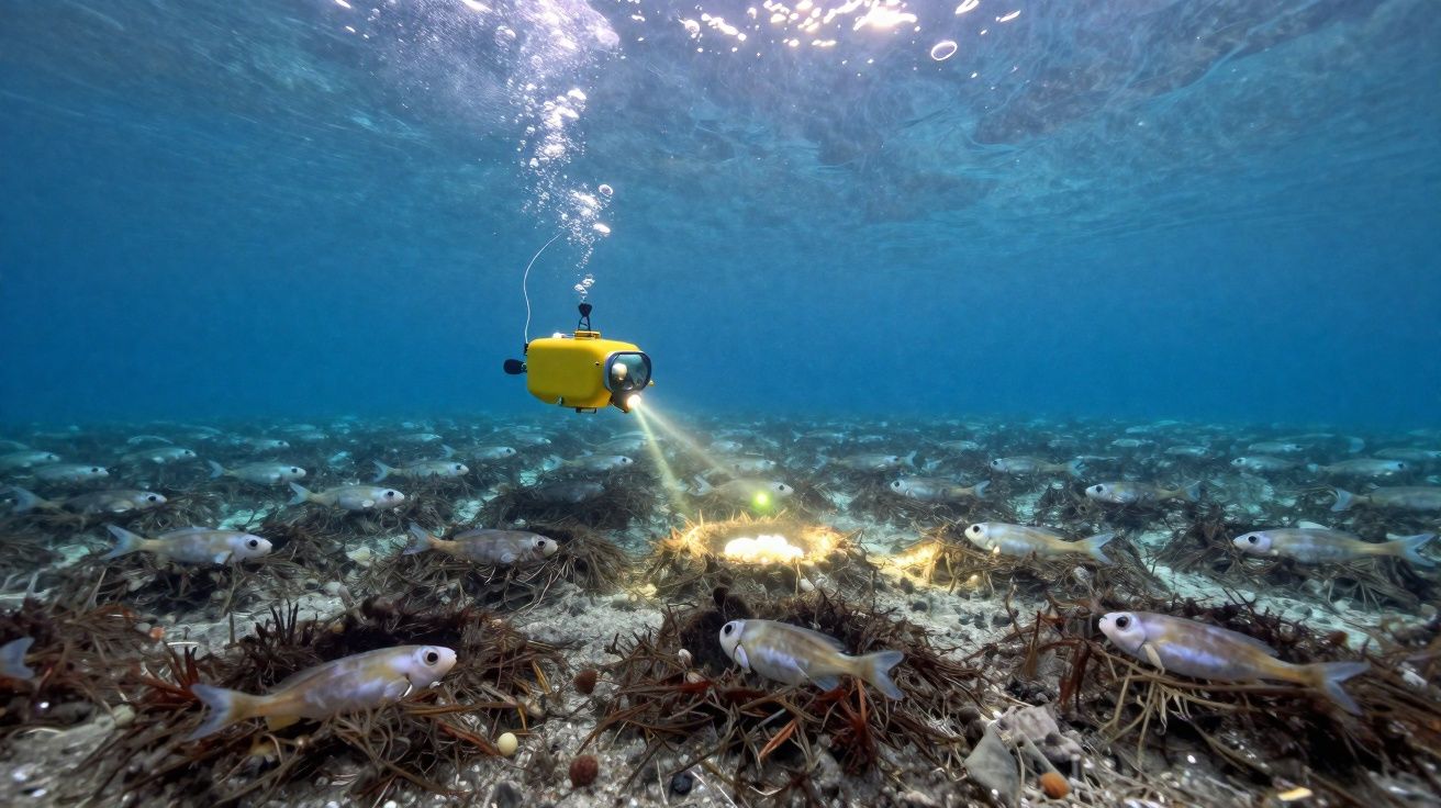 Veículo subaquático amarelo iluminando ovos no fundo do mar cercado por peixes pequenos.