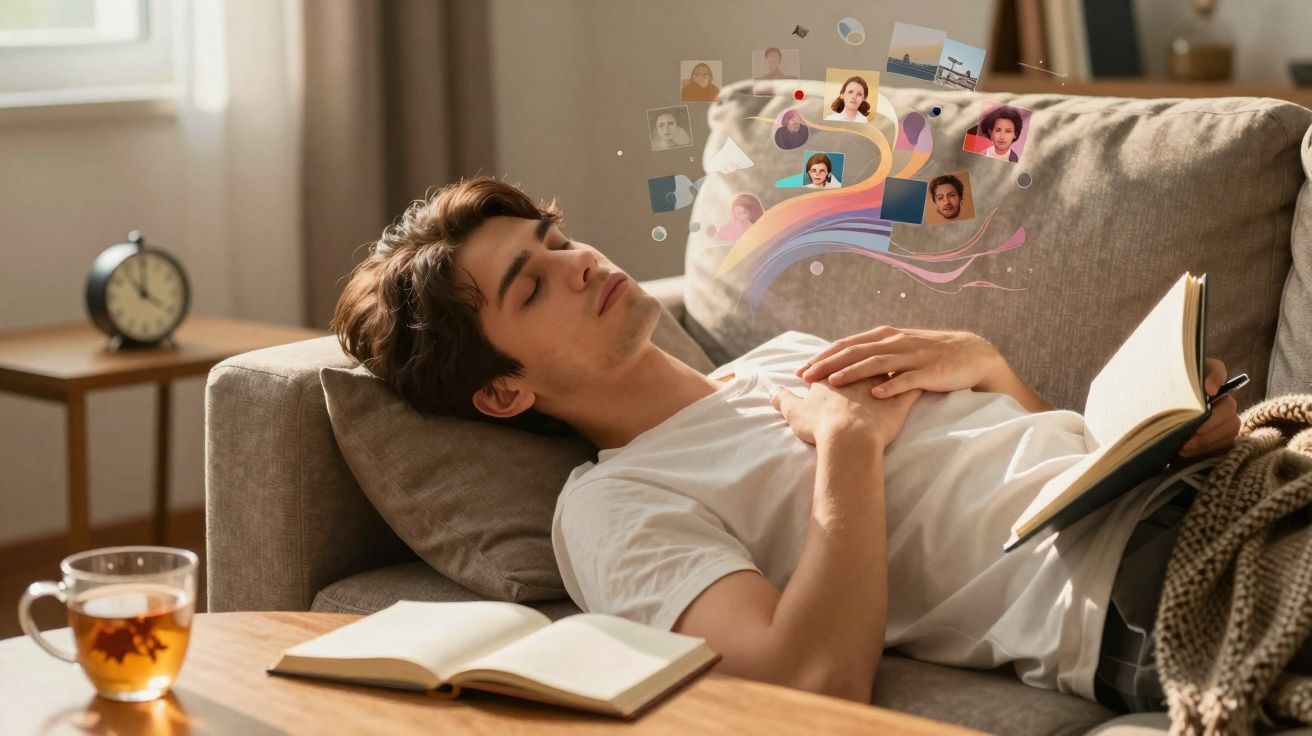 Jovem deitado no sofá com livro aberto, cercado por imagens flutuantes de pessoas e memórias.