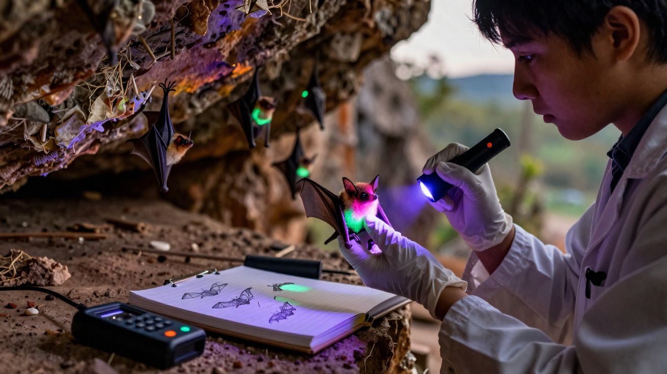 Cientista examina morcego com luz ultravioleta dentro de caverna com outros morcegos pendurados.
