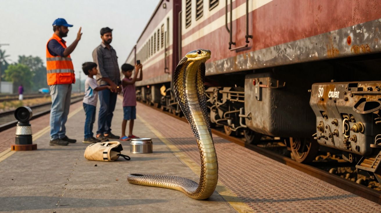 Cobra-cobra levantada próxima a trem em plataforma com homem, duas crianças e funcionário ferroviário sinalizando.