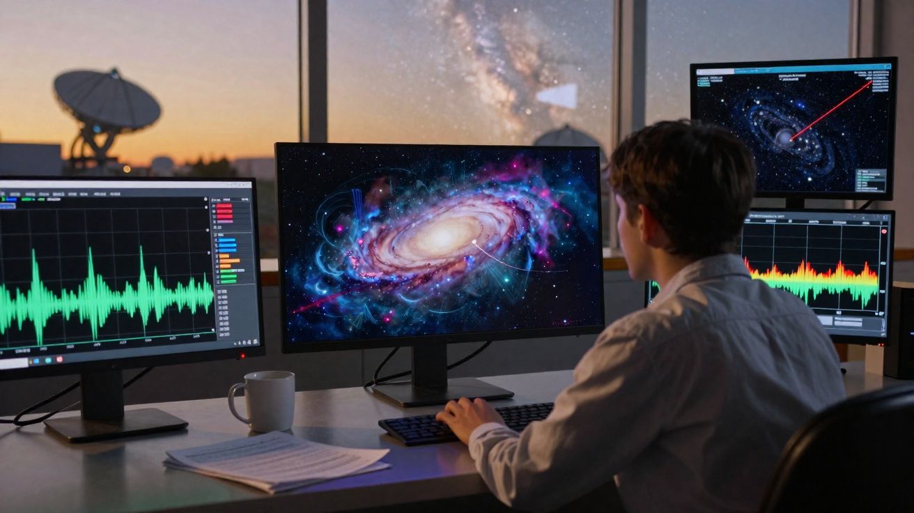 Pessoa analisa imagens e dados de galáxias em múltiplos monitores em uma sala com antena parabólica ao fundo.