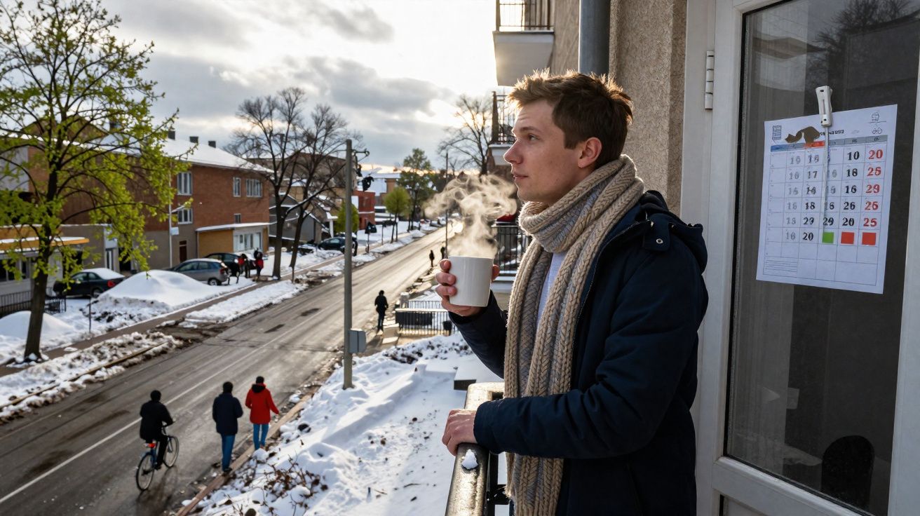 Homem com cachecol tomando bebida quente na sacada em dia frio e com neve na rua ao fundo.