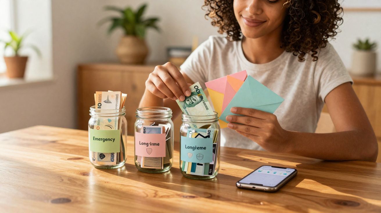 Mulher sorrindo separa dinheiro em potes de vidro rotulados para economias diferentes em mesa de madeira.