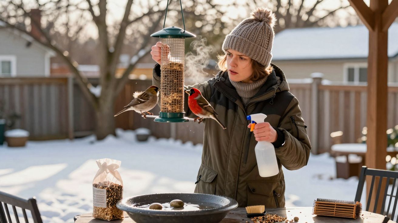 Mulher com roupas de inverno alimenta pássaros em um comedouro no jardim coberto de neve.