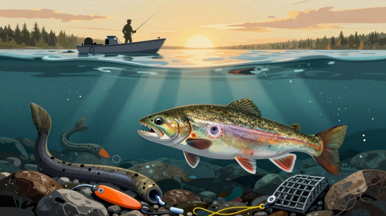 Ilustração de peixe nadando no rio com pescador em barco ao fundo e luz do sol na água.