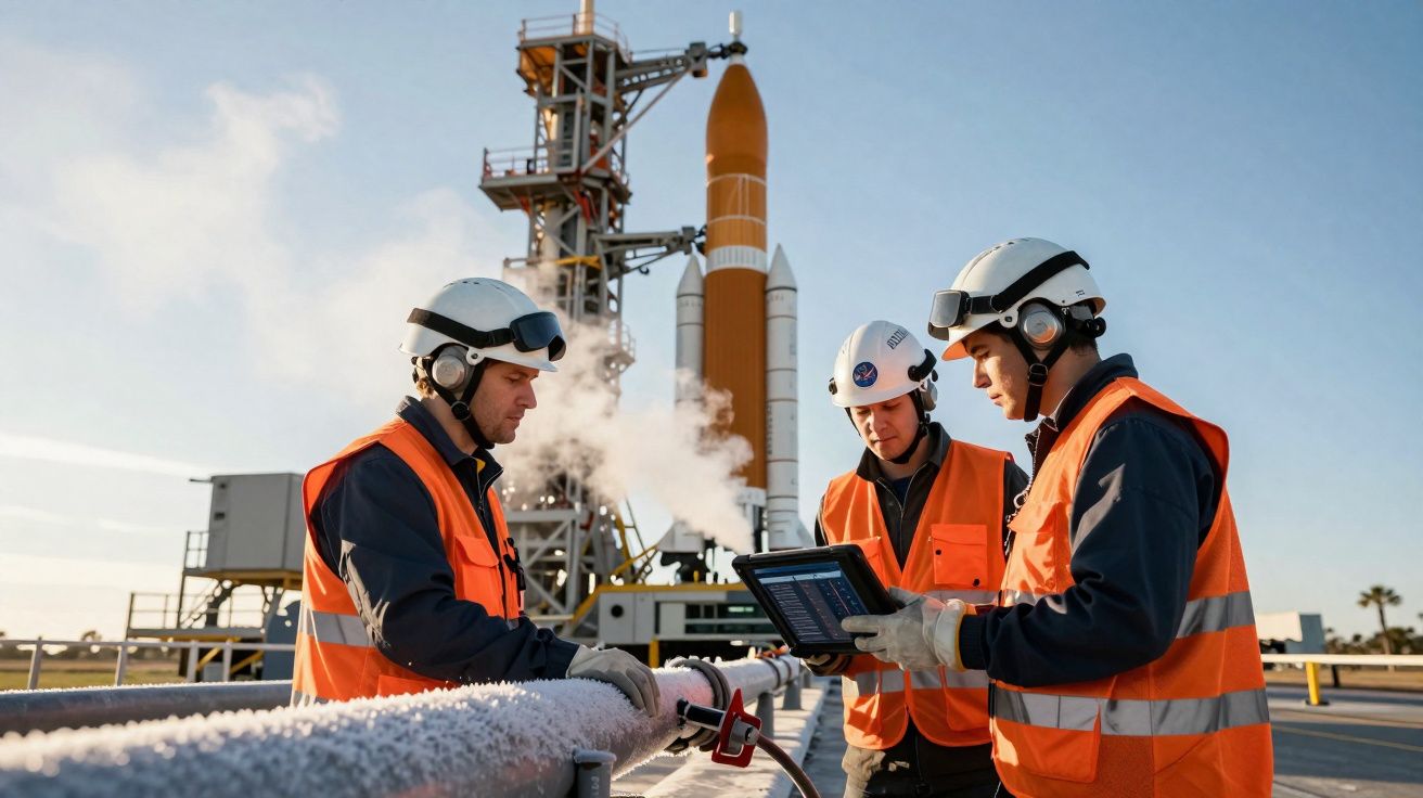 Três técnicos com capacetes e coletes laranja trabalham em plataforma de lançamento de foguete ao ar livre.