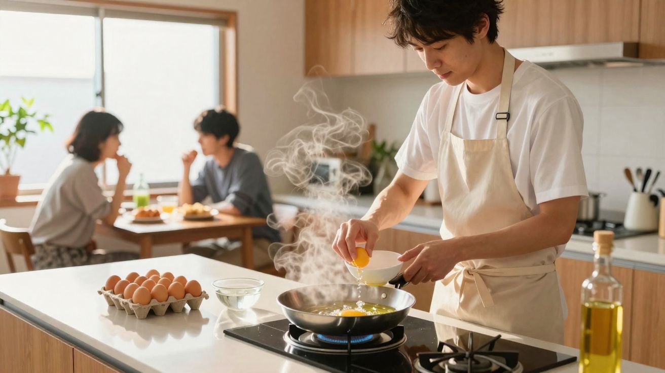 Jovem cozinhando ovos fritos em cozinha moderna enquanto duas pessoas conversam ao fundo na mesa.
