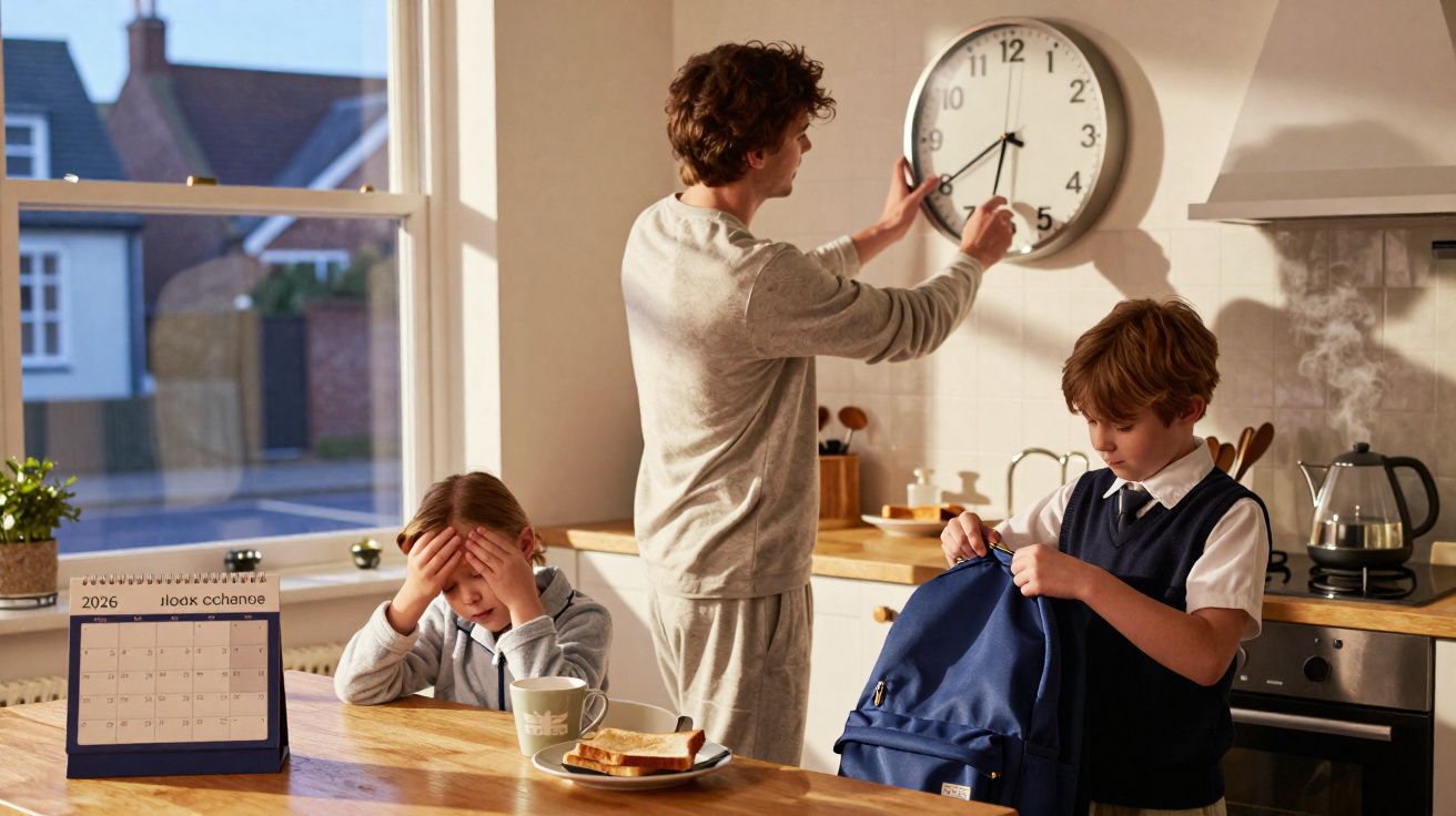 Pai mexendo no relógio de parede, criança com mochila e garota cobrindo o rosto triste na cozinha.