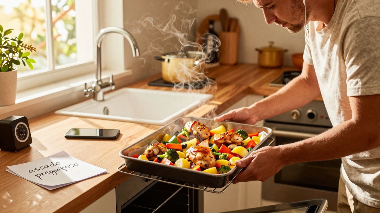 Homem segurando assadeira com frango e legumes saindo do forno em cozinha iluminada.