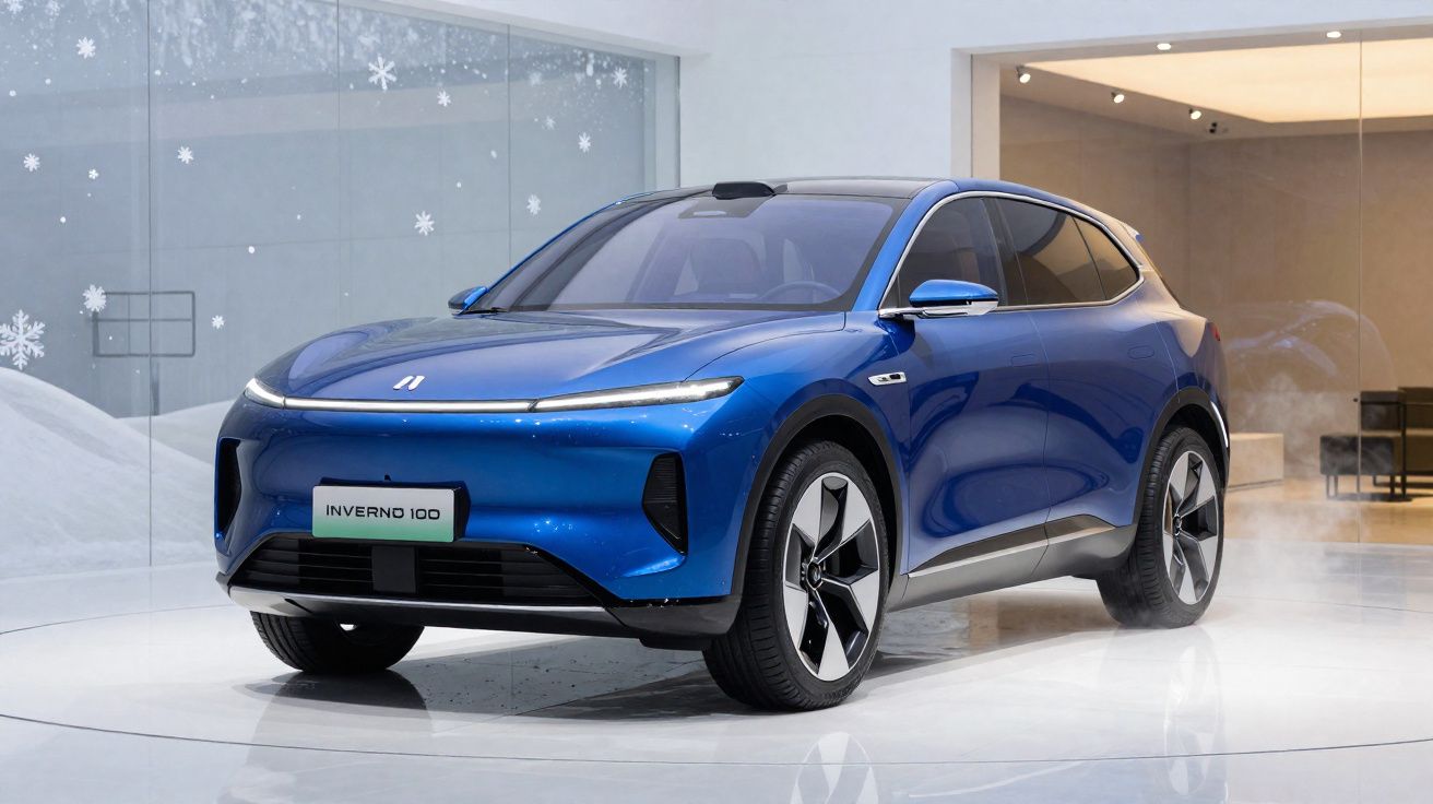 Carro elétrico azul Inverno 100 estacionado em ambiente interno com decoração de flocos de neve.