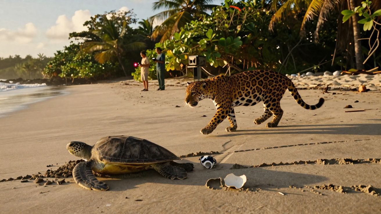 Tartaruga e onça-pintada na areia da praia com pessoas e vegetação ao fundo.