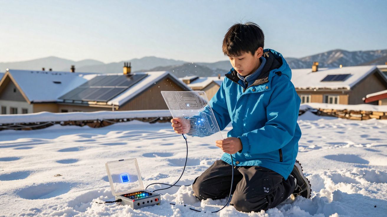 Criança com casaco azul manuseia painel eletrônico transparente na neve, com casas ao fundo.