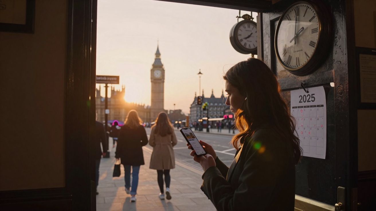Mulher usando celular ao entardecer em Londres com o Big Ben ao fundo e relógios na parede ao lado.