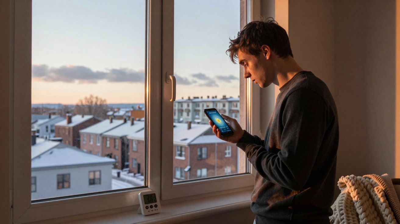Homem olhando para celular próximo a janela com termômetro digital, prédios e céu ao fundo.
