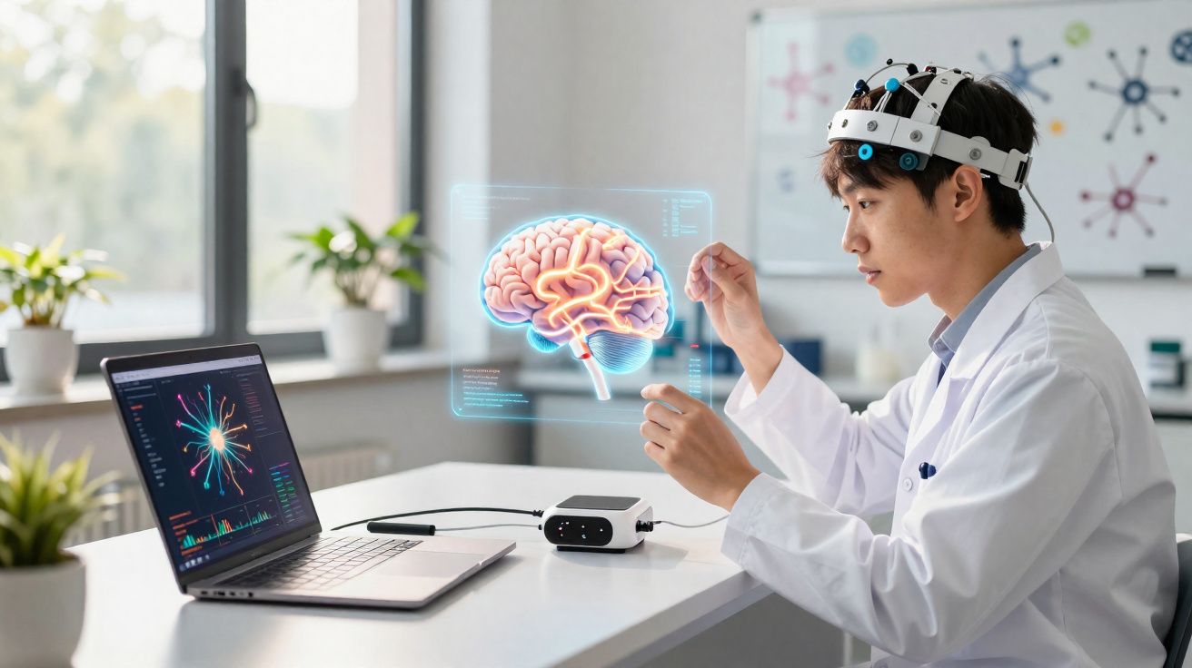 Jovem cientista usando capacete EEG analisa cérebro digital em laboratório moderno com laptop.